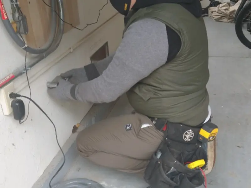 Electrician performing outlet wiring in a North Haven garage